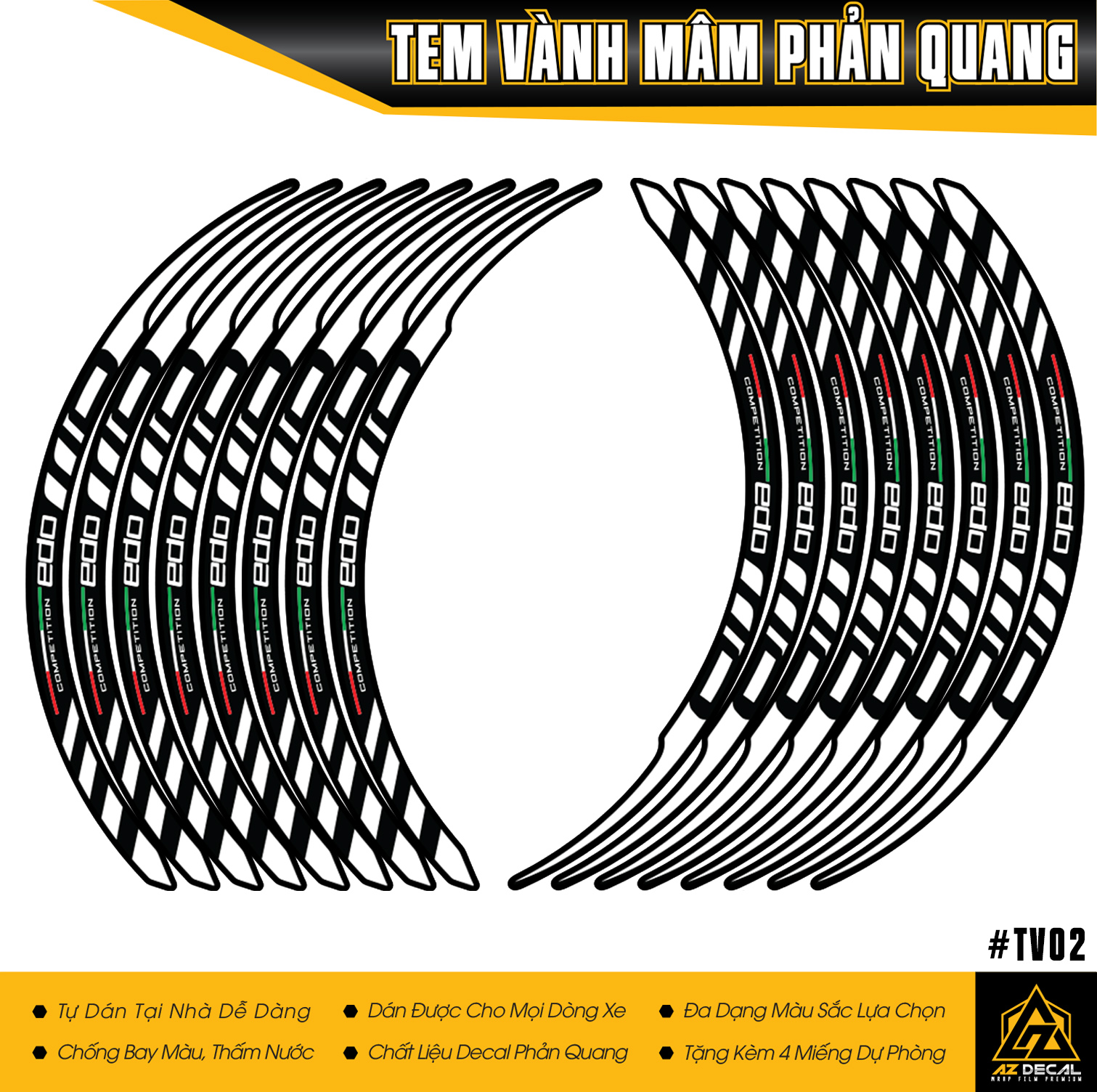 Tem Dán Vành Xe Phản Quang EDO | TV02 | Decal Dán Mâm Xe Chống Nước, Bền Màu - Phản Quang