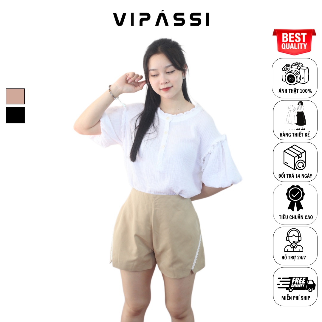 VIPÁSSI Quần Short Chữ A 2 Lớp Dây Kéo Sắt Xẻ Túi Kiểu Có Ren