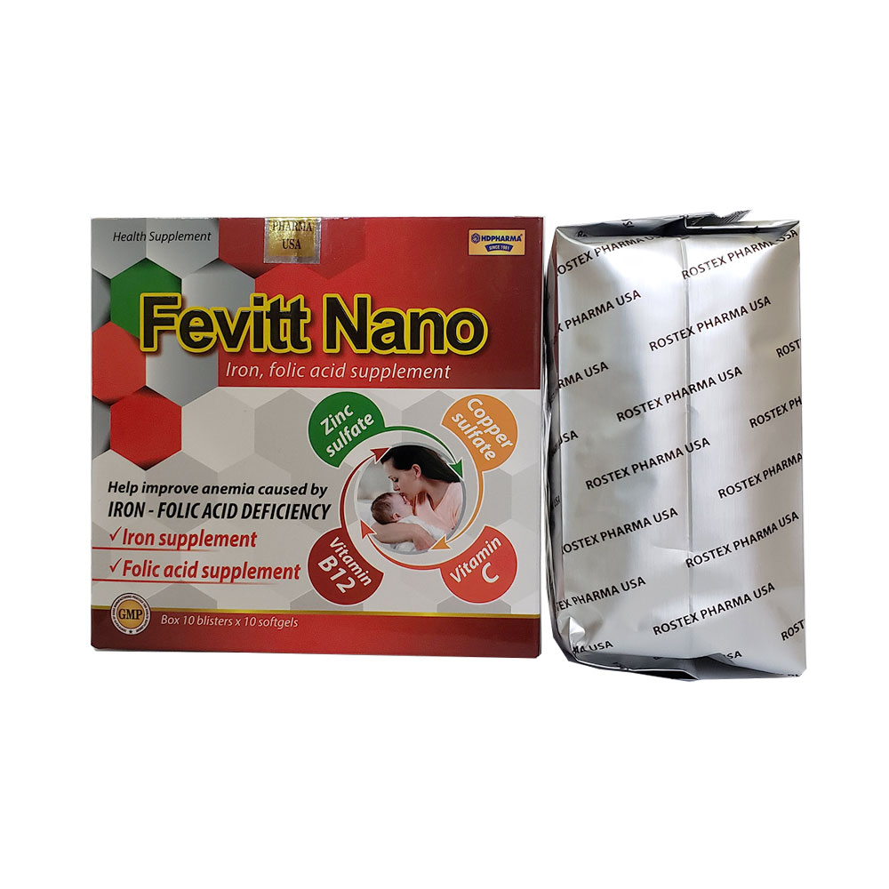 Viên uống Fevitt Nano bổ sung Sắt, acid folic, Vitamin B12 cải thiện tình trạng thiếu máu Hộp 100 viên