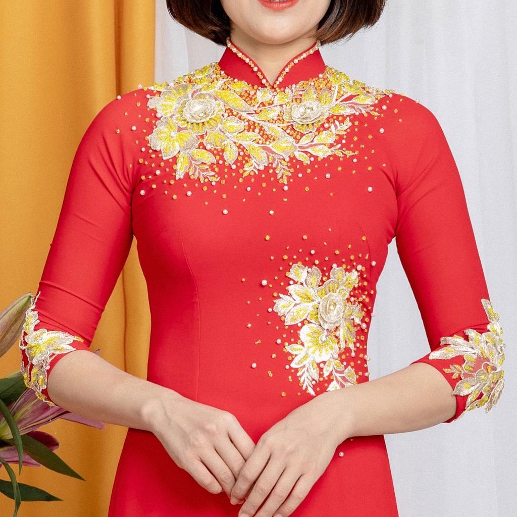 Áo dài đẹp màu đỏ chất liệu lụa kết hoa thủ công tay lỡ