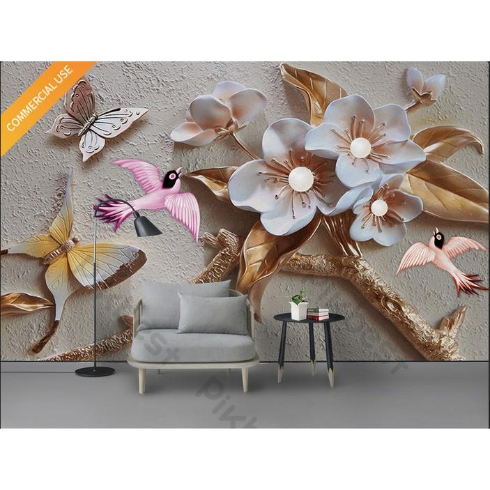 Tranh phù điêu hoa chim và bướm, Tranh 3d dán tường hiện đại trang trí phòng khách phòng ngủ(tích hợp sẵn keo) MS1035928