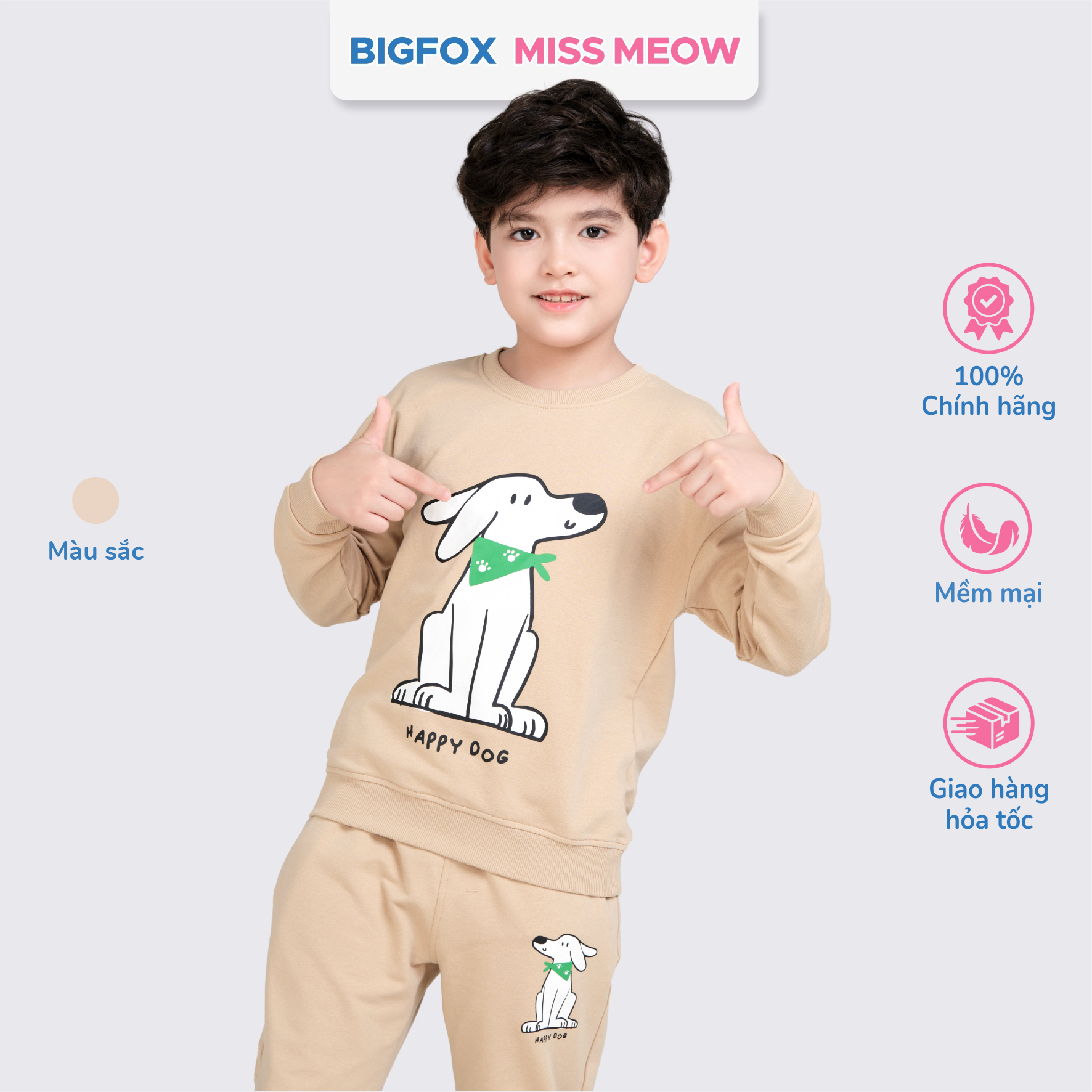 Bộ đồ dài tay cho bé trai size đại Bigfox Miss Meow mùa thu đông mặc nhà vải nỉ dày dặn cỡ 3-11 tuổi