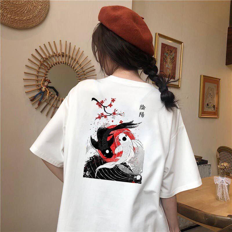 Áo thun tay lỡ form rộng họa tiết cá chép phong cách Nhật Bản vải dày mịn 2020T2472