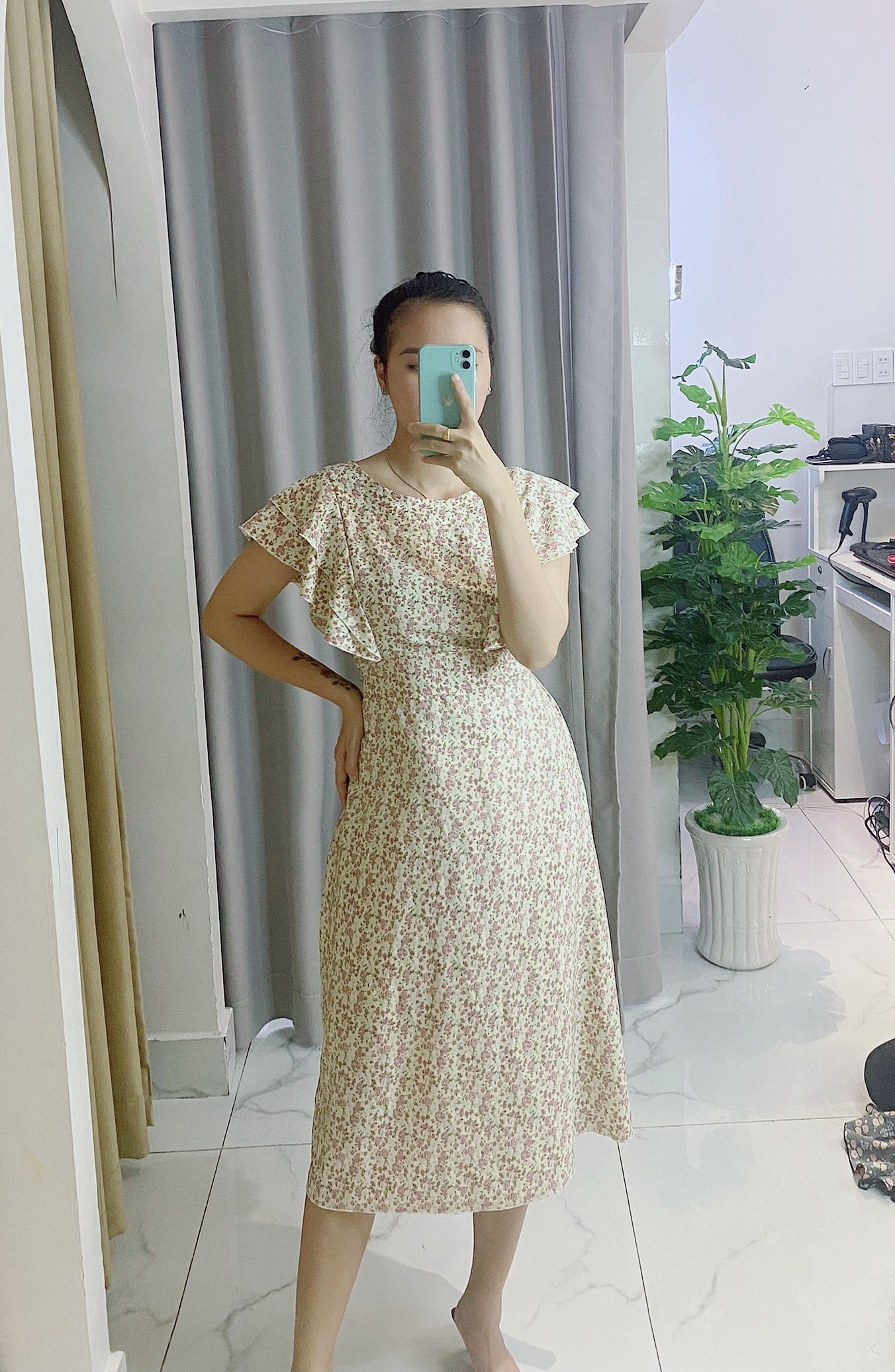 Váy nữ thời trang tiểu thư tiệc cưới, váy hoa nhí chữ A tay bèo V014