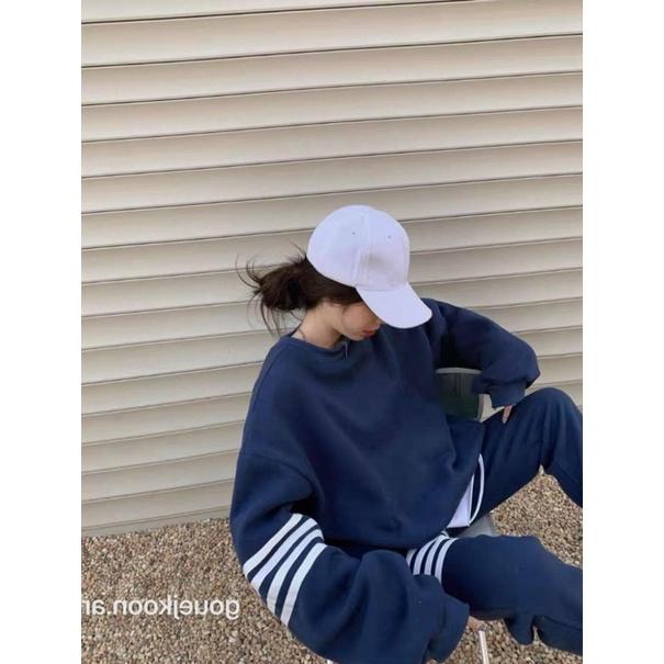 Set bộ quần áo nữ, Bộ Nỉ Kẻ Vạch Màu xanh - Set quần bo gấu kèm áo sweater thể thao kiểu hoodie cá tính Ulzzang