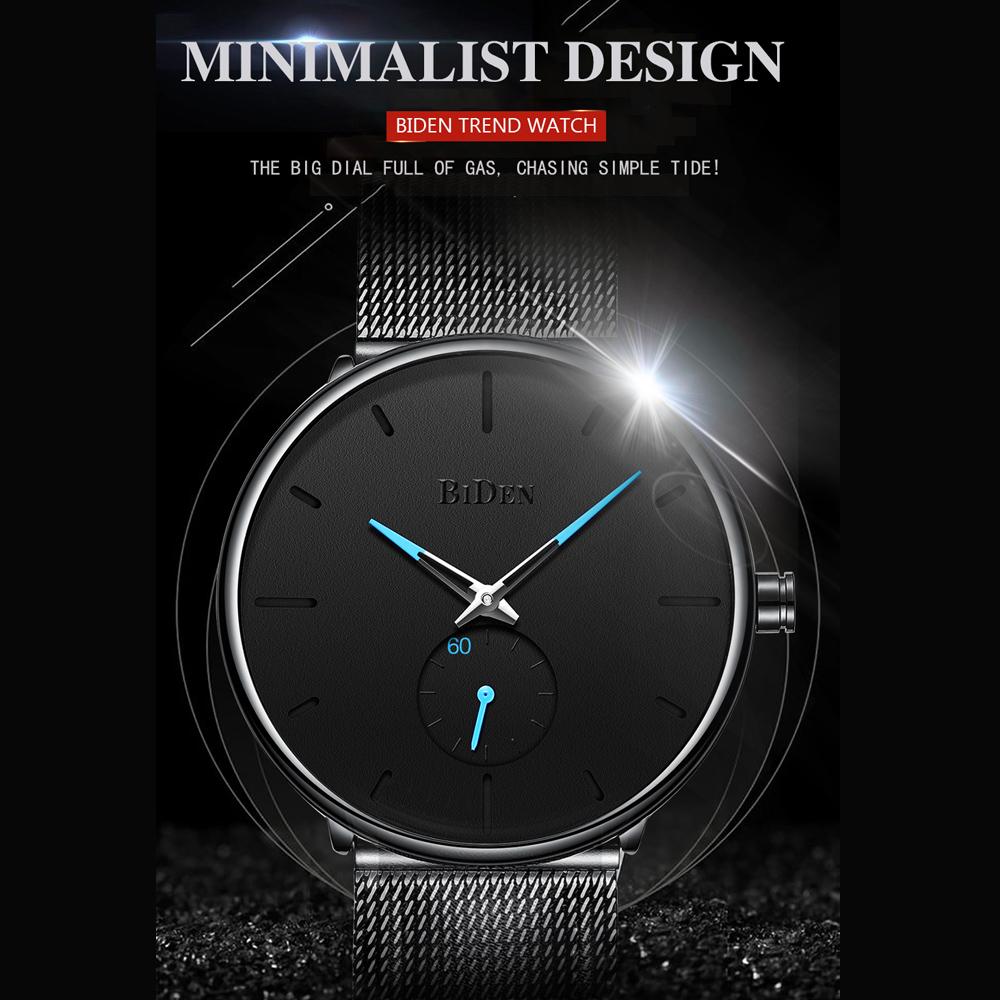 Đồng hồ đeo tay siêu mỏng Mặt số lớn dây lưới tối giản màu đen BIDEN
