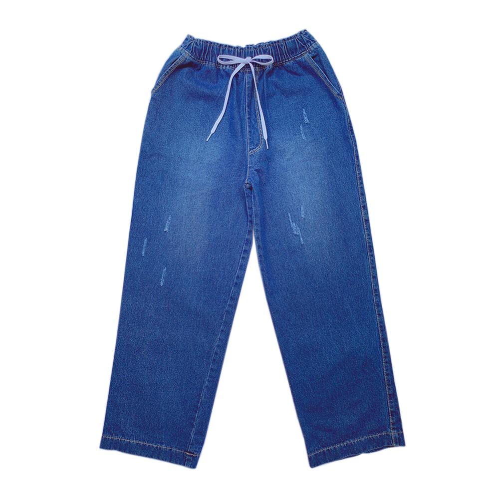 Quần jean nữ quần bò ống rộng cạp cao lưng thun chất cotton không co dãn màu xanh