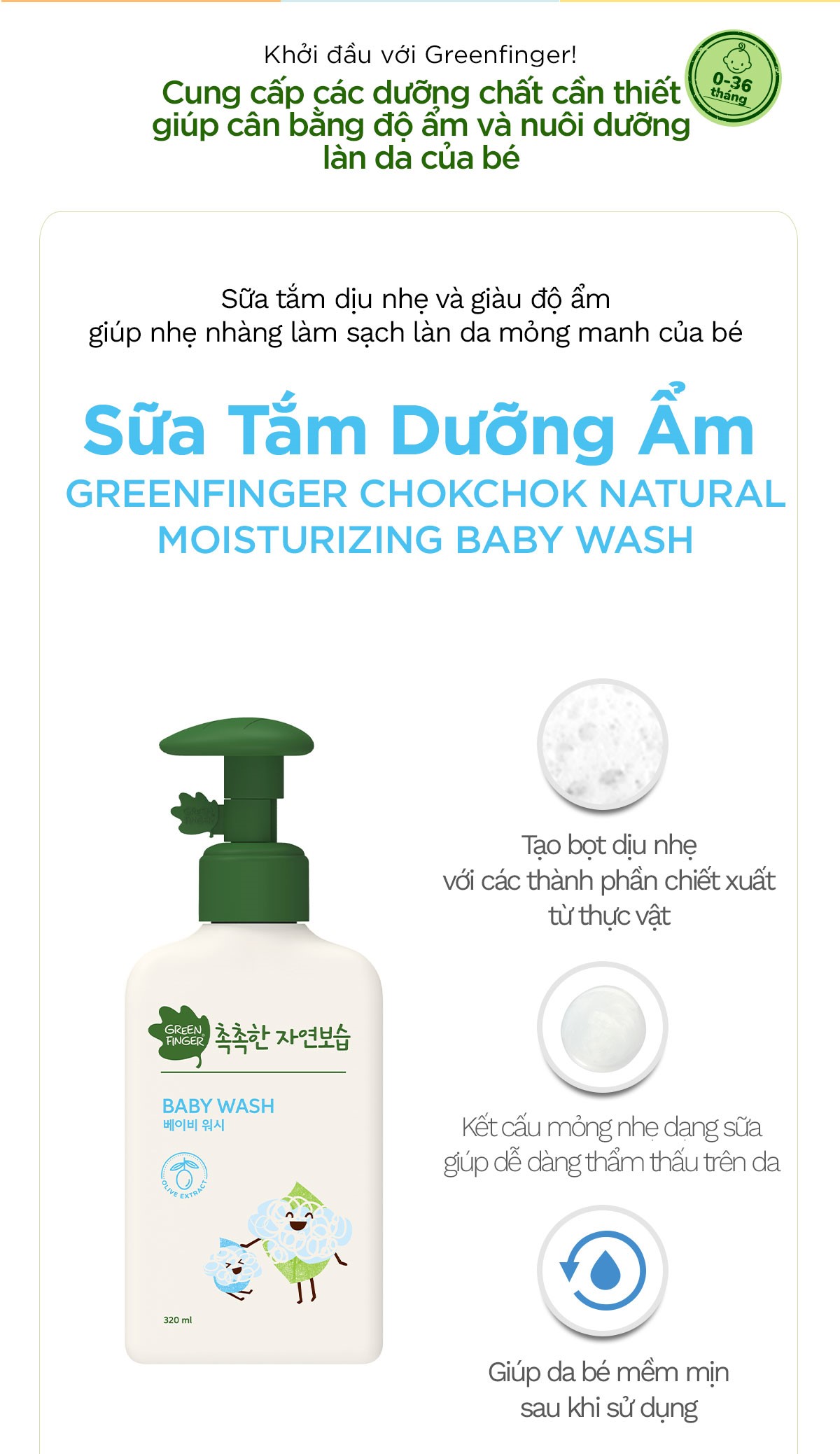 Combo 1 Sữa Tắm Tạo Bọt Và 1 Sữa tắm dưỡng ẩm Cho Bé GREENFINGER CHOKCHOK MOISTURE FOAMING WASH 320ml + BABY WASH 320ml