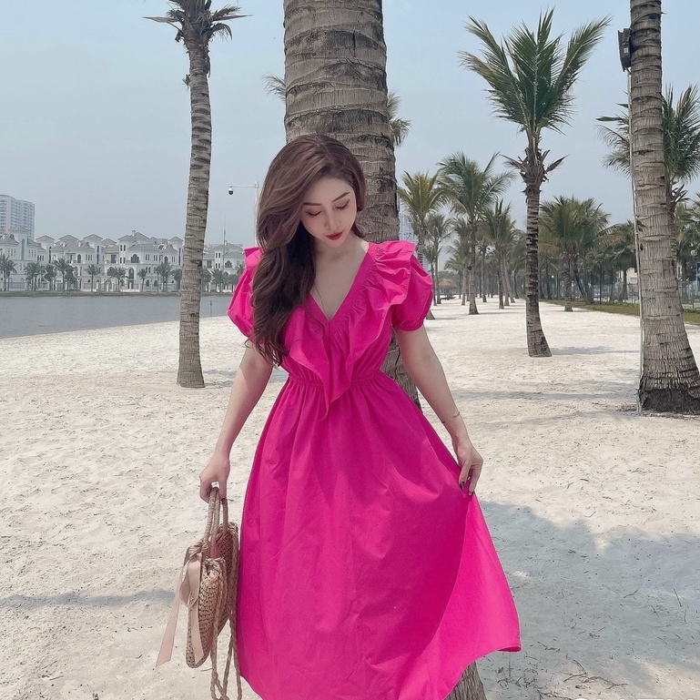 Đầm maxi đi biển cổ tim bèo ngực dáng dài buộc dây hở lưng chun eo hai màu - Váy maxi dạo biển chất thô sang chảnh