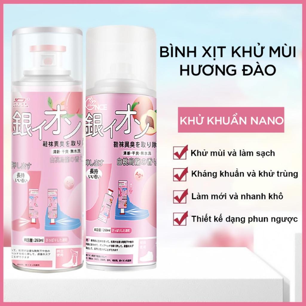 Chai xịt khử mùi nón, giày dép, tủ đồ nam nữ Nano Bạc diệt khuẩn, bình sịt hết mùi hôi chân, 260ml hương chanh và đào