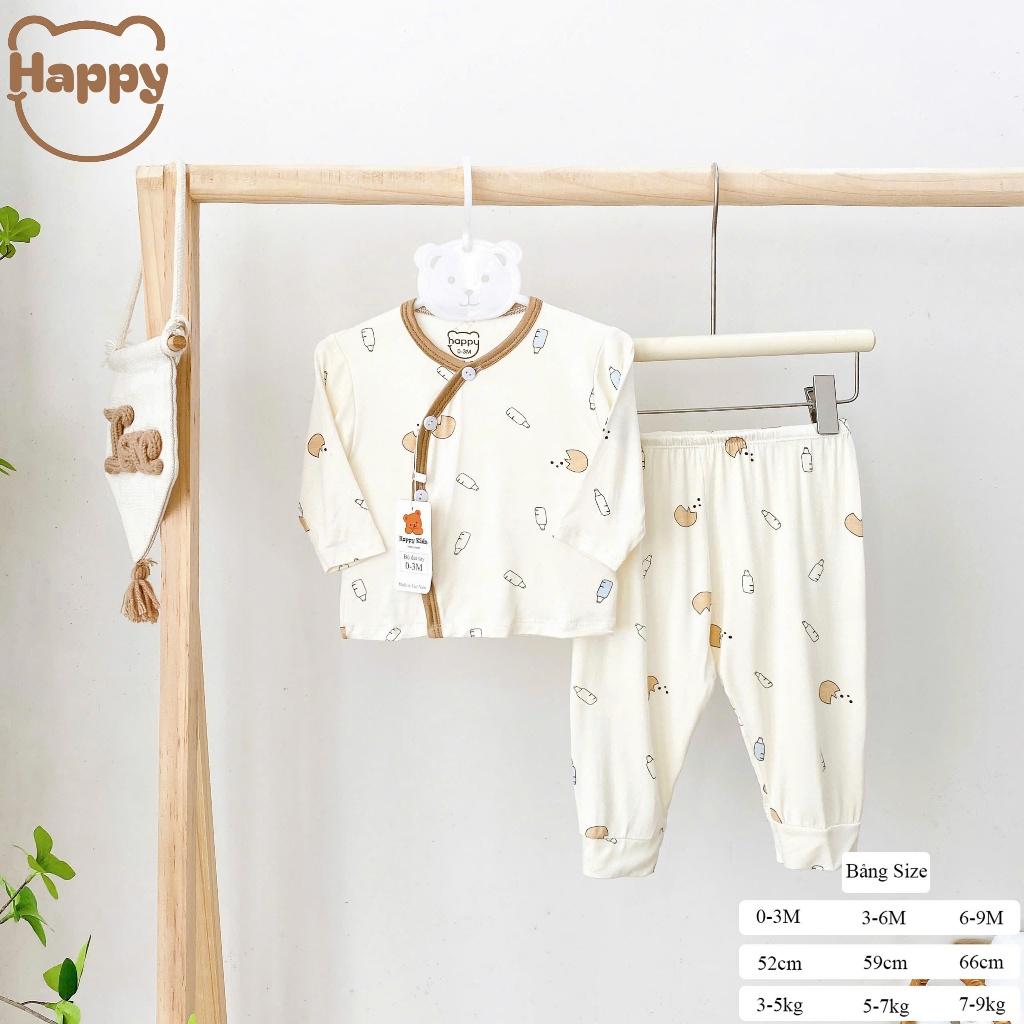 [3-8kg] Bộ Quần Áo Sơ Sinh Dài Tay Thun Lạnh NỀN KEM VIỀN NÂU Mềm, Mát, Có Đáp Đũng Mặc Tã Thoải Mái - Gấu Sao