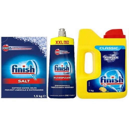 Combo Bột rửa bát Finish 2.5kg+Muối rửa bát Finish 1.5kg+Bóng finish 400ml