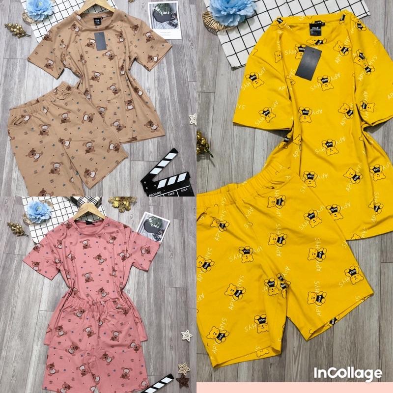 Bộ mặc nhà nữ chất cotton hình gấu kute áo cộc quần đùi ngố