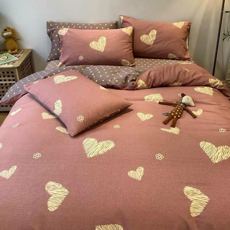 Bộ chăn ga gối Cotton Poly M2T bedding Tim vàng xước, vỏ chăn mên, drap giường và 2 vỏ gối