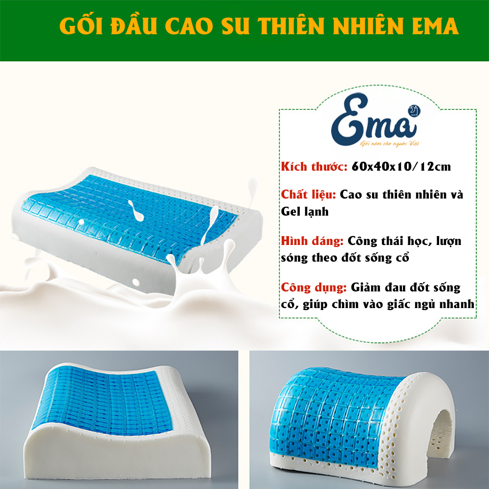 Gối cao su thiên nhiên cho người lớn Ema 60x40x12cm - Giảm đau mỏi vai gáy, tốt cho người thoái hóa đốt sống cổ