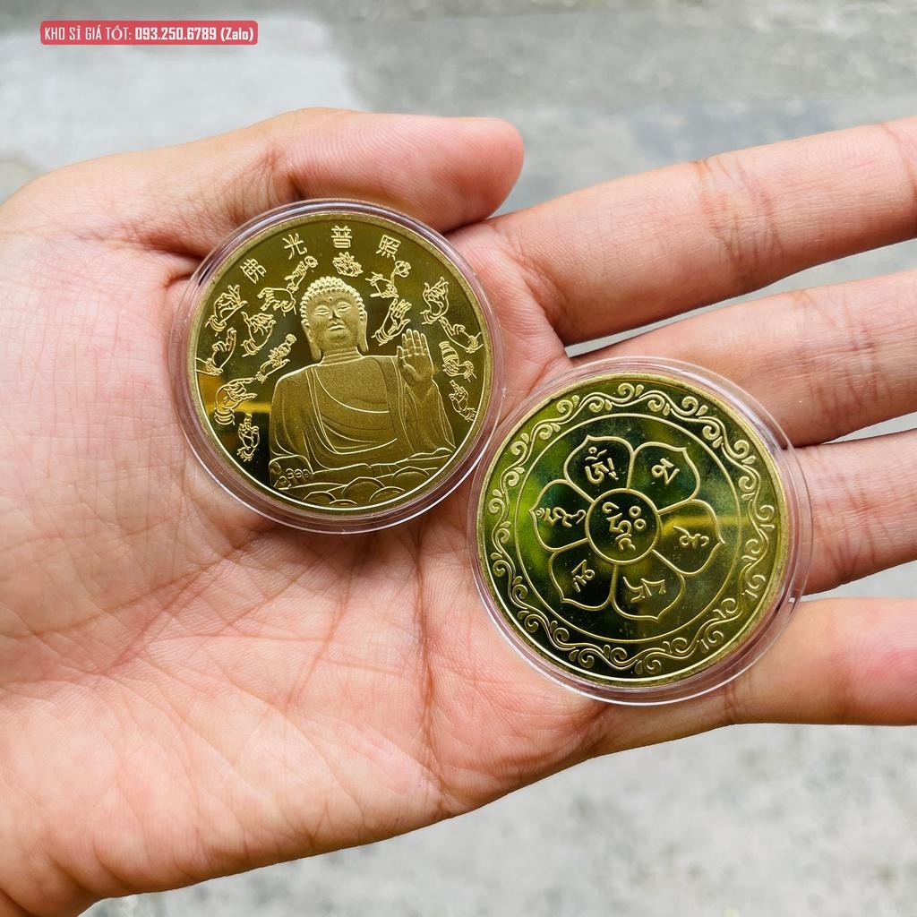 Đồng Xu Đức Phật, Phật Tổ Như Lai Mạ Vàng Quà Tặng Bình An May Mắn, mẫu NGỒI, tặng túi gấm đỏ