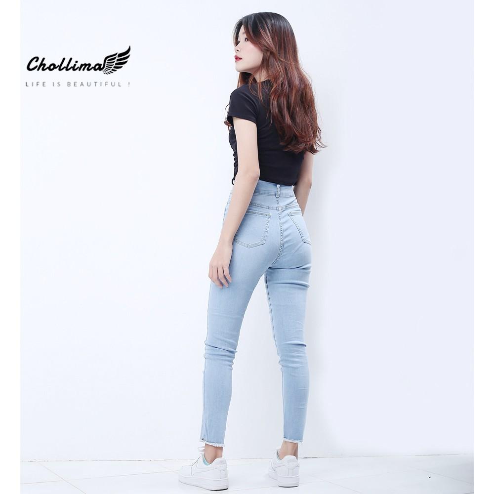 Quần jeans nữ co giãn Chollima cạp siêu cao đắp nịt màu xanh trắng QD025