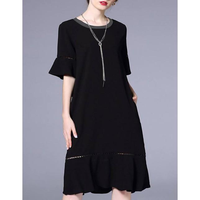 Đầm suông đen cổ xám đuôi cá can ren - DTN18