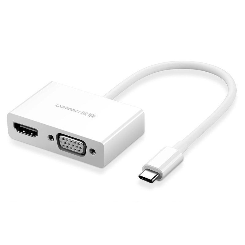 Cáp chuyển đổi USB-C dương Sang HDMI âm + VGA âm hổ trợ độ phân giải cao 1920*1080@60Hz vỏ nhựa dài 15cm màu Trắng Ugreen TC50510CM178 Hàng chính hãng.