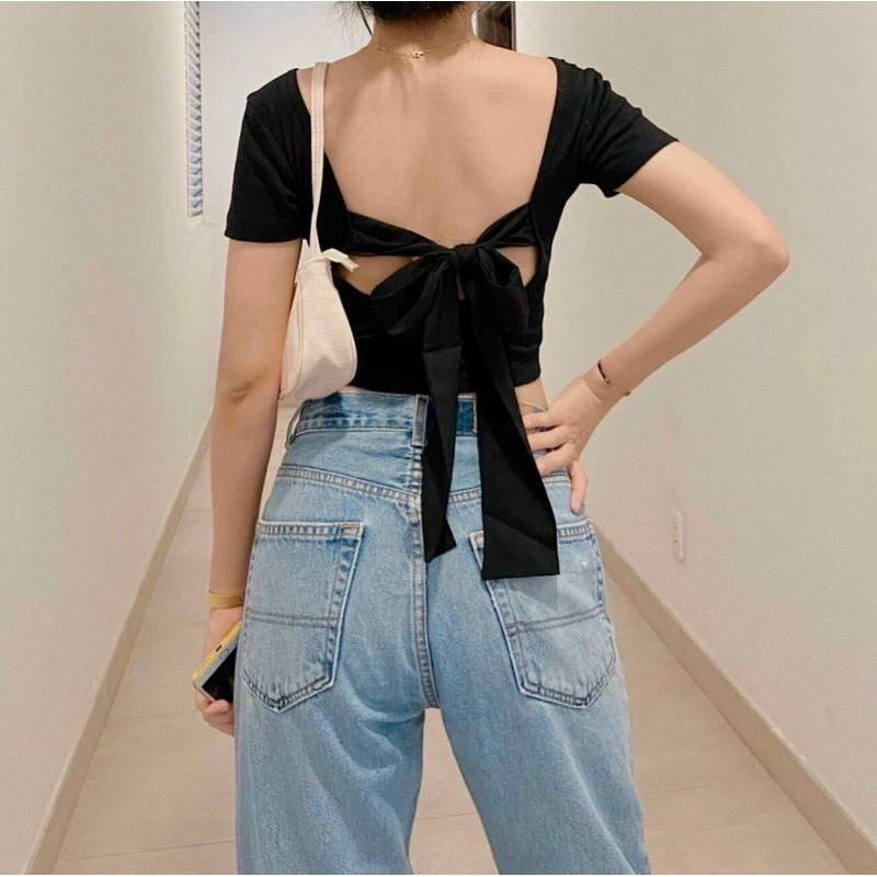 Áo hở lưng croptop tay ngắn buộc nơ có mút ngực kx