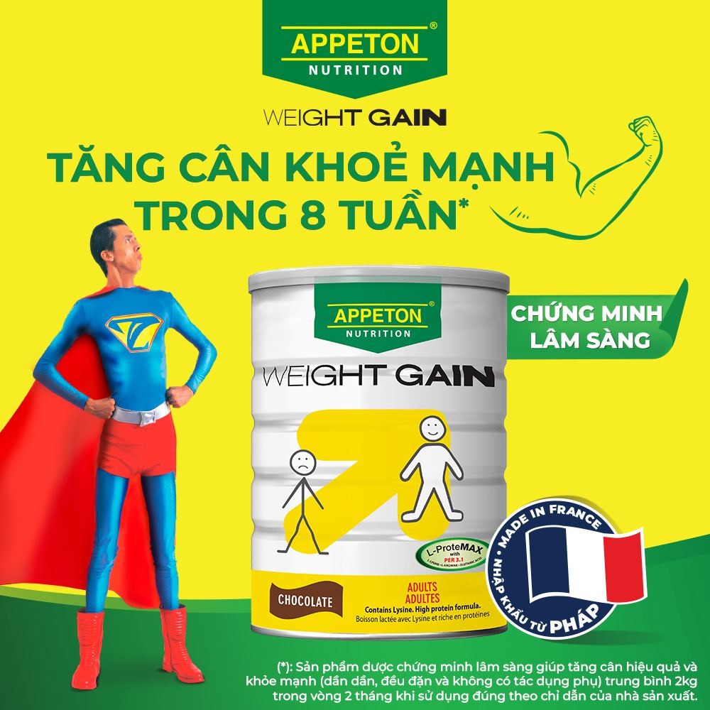 [Tặng 1 hộp kẹo VitaminC] Sữa Appeton Weight Gain cho Người lớn hương Chocolate lon 900g