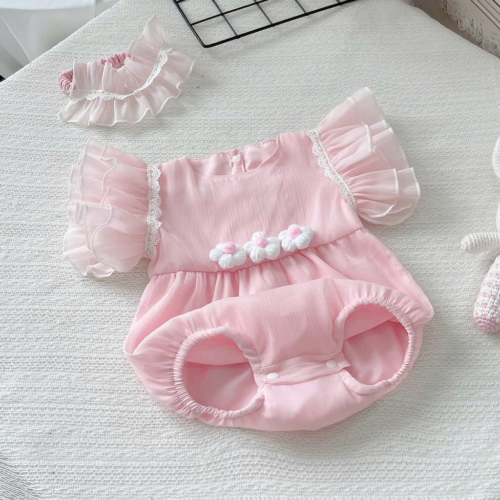 Set Body Cánh Tiên Đính Hoa Màu Hồng Kèm Băng Đô Cho Bé Gái Sơ Sinh 1 2 Tuổi Từ 3-11kg Dành Cho Bé Gái