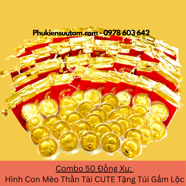 Combo 50 Đồng Xu Hình Con Mèo Thần Tài CUTE Tặng Túi Gấm Lộc, đường kính: 4cm, màu vàng - SP005933