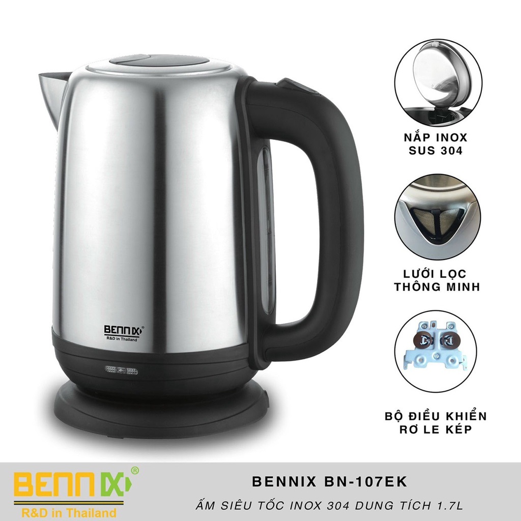 Ấm đun siêu tốc inox cao cấp Bennix BN-107EK - 2200W - 1,7L - Hàng chính hãng