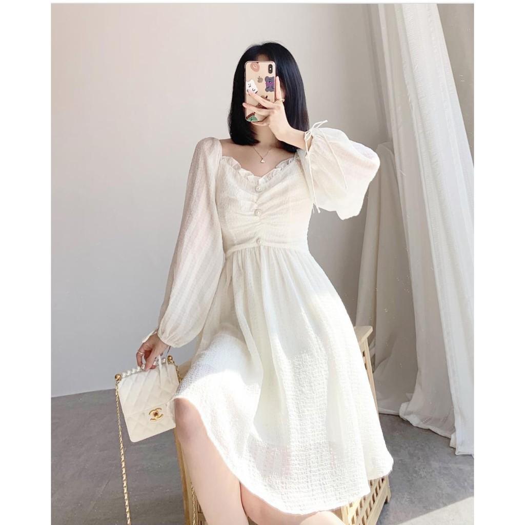 Đầm / váy trắng dài tay rúm ngực
