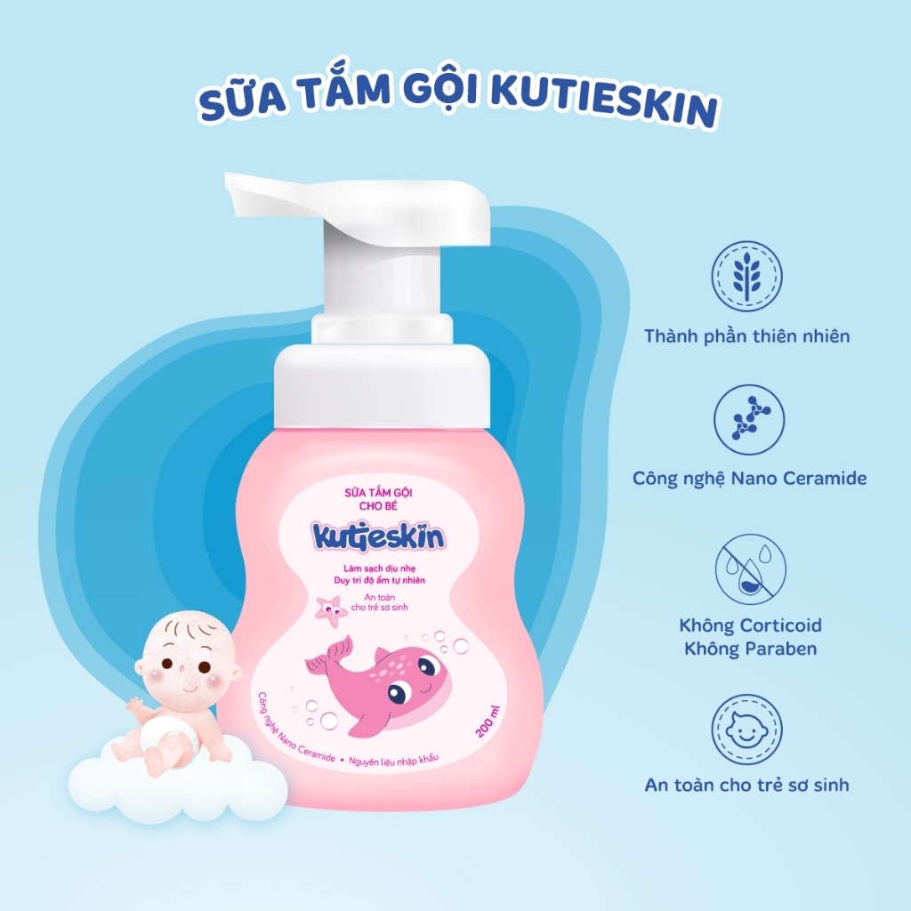 Sữa tắm gội cho bé Kutieskin 200ml làm sạch da và tóc bé nhẹ nhàng,dưỡng ẩm vượt trội, hỗ trợ làm dịu da