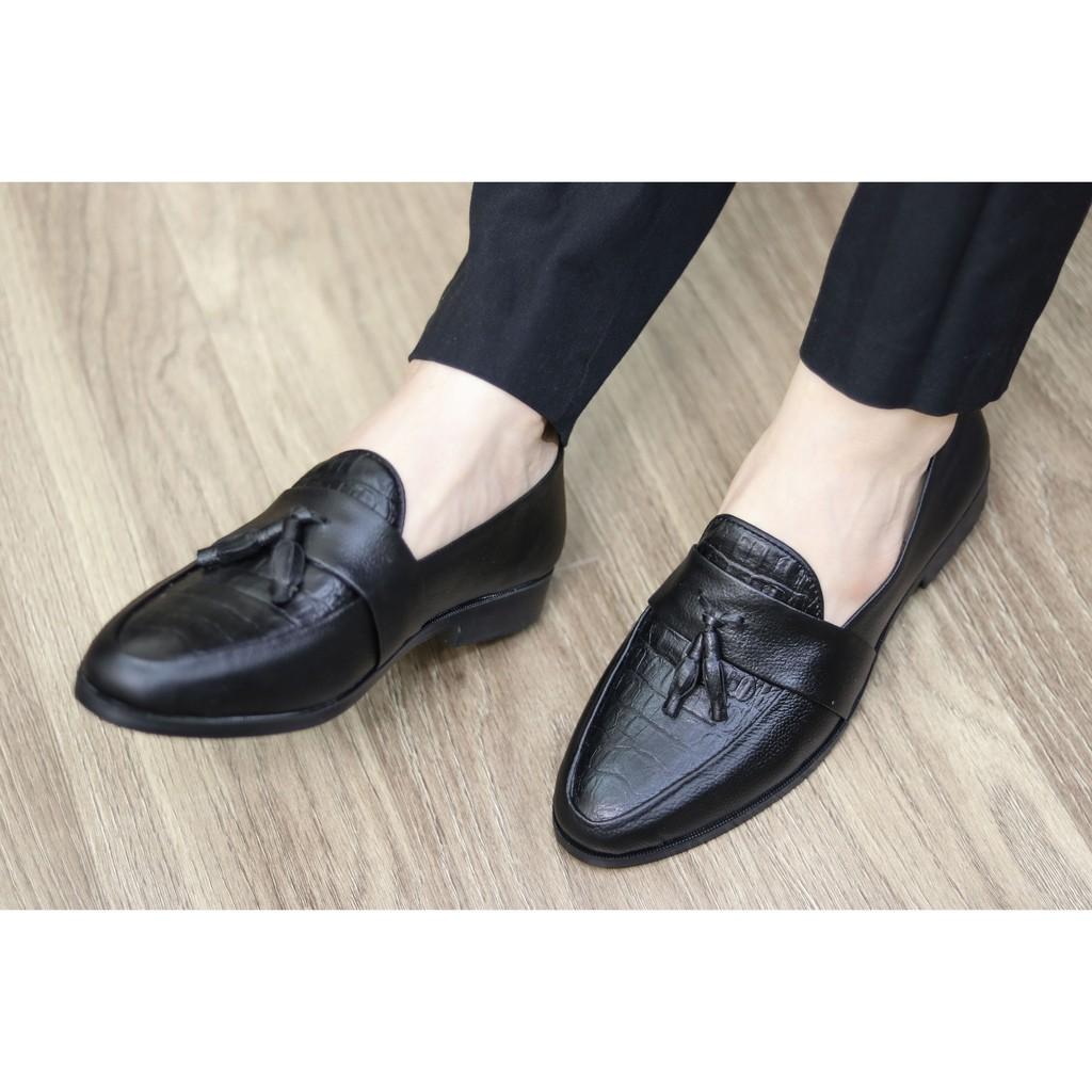 Giày lười da nam dập vân cá sấu, có chuông - Đế cao su non cao 3cm, Mã x091C, Màu Đen- Hàng Việt