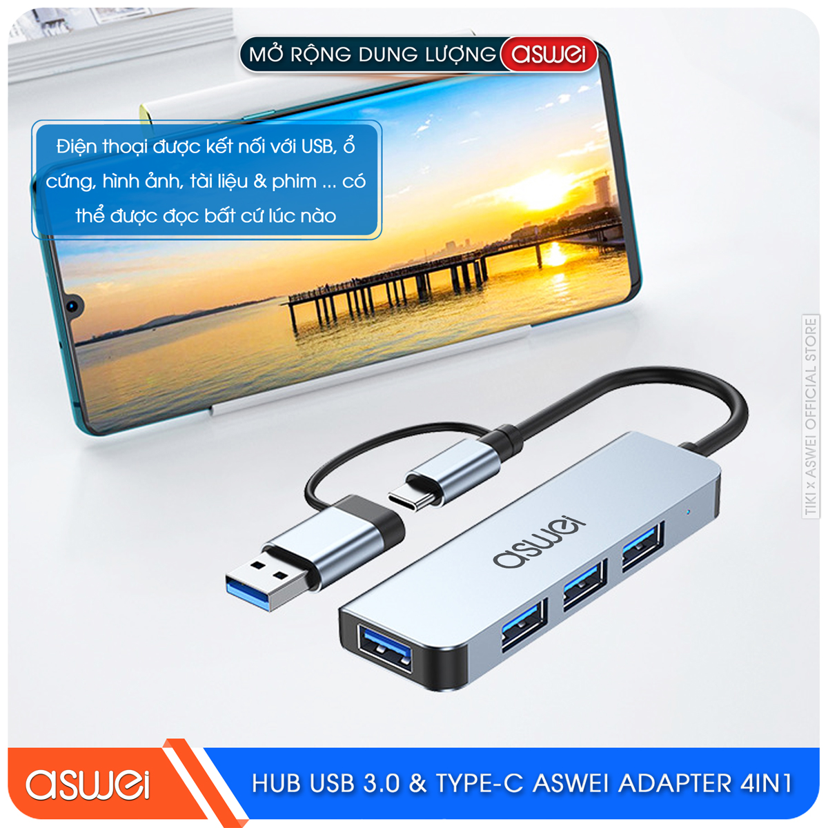 Hub USB 3.0 Và Hub Type C ASWEI 4 in 1 To 4 USB 3.0 - Hàng Chính Hãng