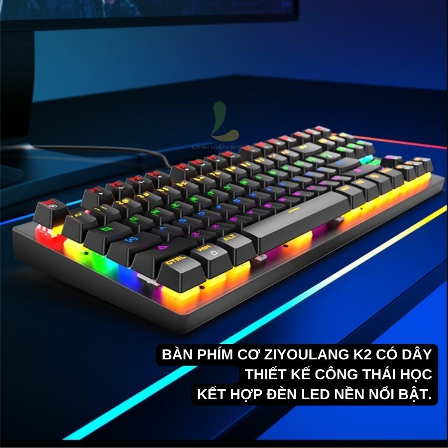 Bàn phím cơ máy tính ZIYOULANG K2 - Bàn phím gaming công thái học cơ blue switch 87 phím Led RGB chế độ đổi màu đẹp - Hàng nhập khẩu