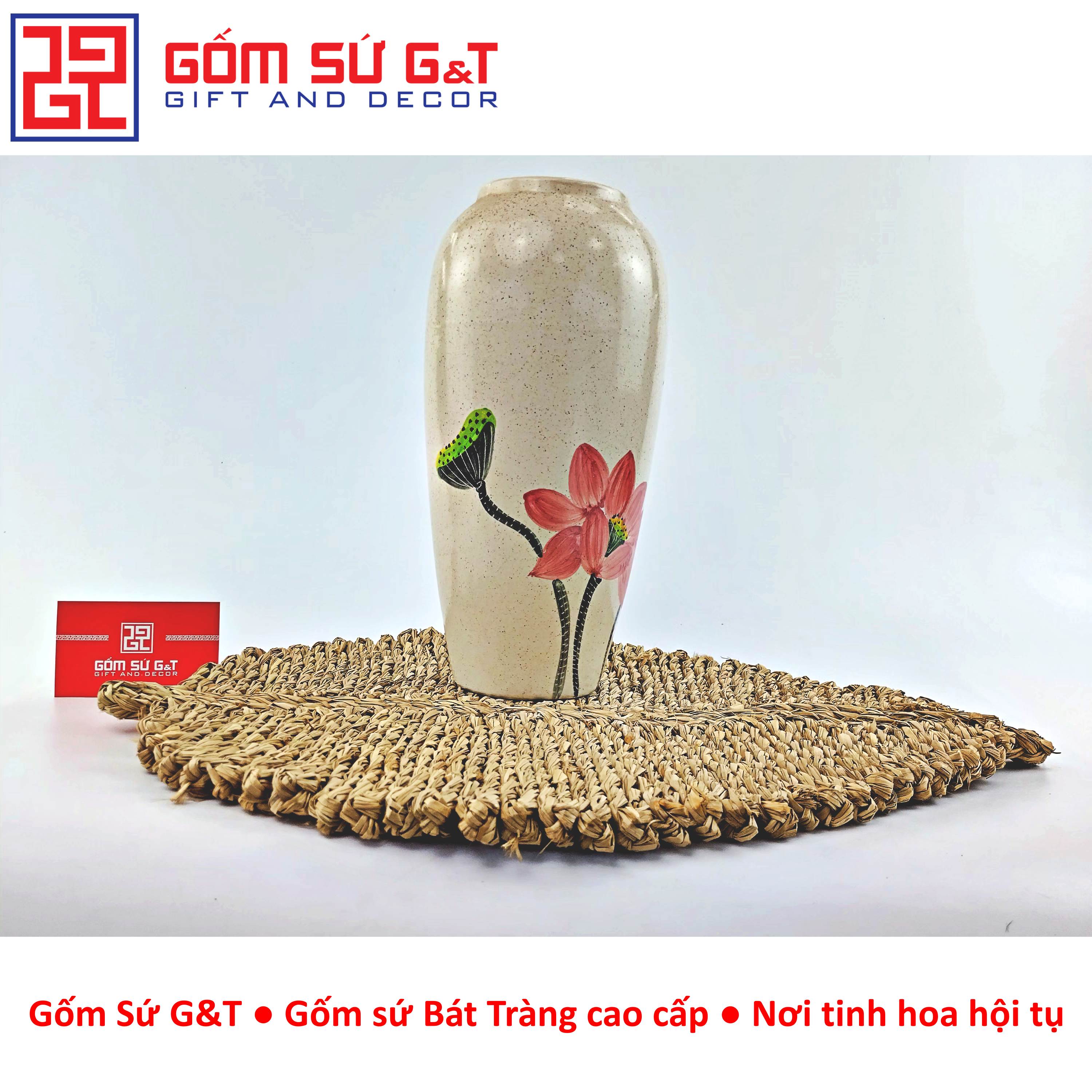 Lọ hoa dáng bom men cát vẽ sen cầm Gốm Sứ G&amp;T