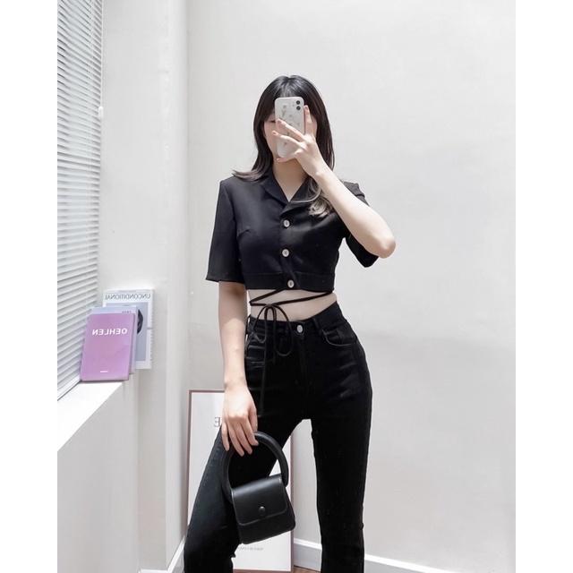 Áo sơ mi cổ bẻ V tay lỡ cúc gỗ dây buộc eo hàng thiết kế vnd0622a05 by germe