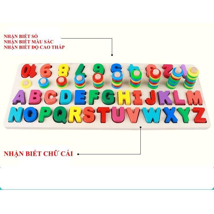 Bảng gỗ đa năng, Bảng chữ cái tiếng Anh, bảng số đếm, cột tính, phân biệt màu sắc, thả cọc luyện