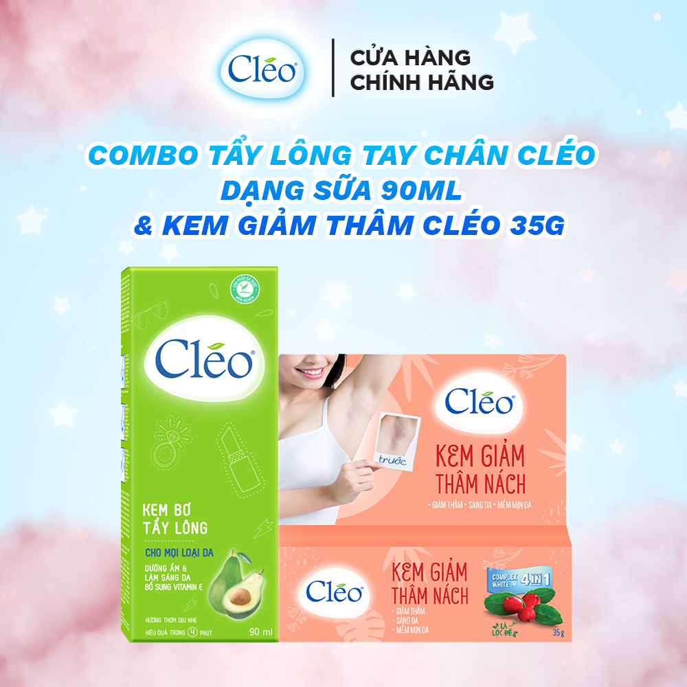 Combo tẩy lông chân tay Cléo dạng sữa chiết xuất bơ 90ml và kem giảm thâm, sáng da Cléo chiết xuất lá lộc đề 35g