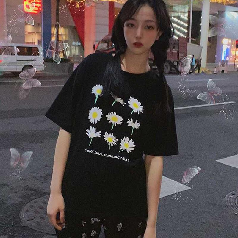 Áo Thun Tay Ngắn Cổ Tròn Hoạ Tiết Hoa Thiết Kế Dáng Rộng Thoải Mái