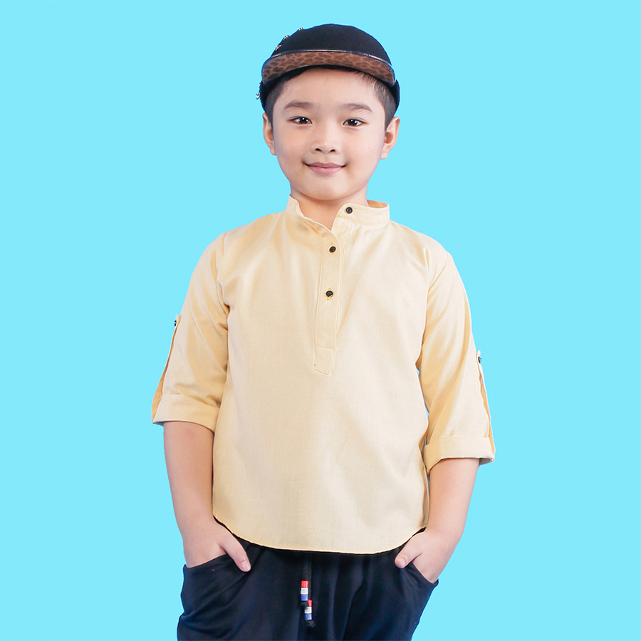 Sơ Mi Bé Trai Vàng Linen Cổ Trụ UGETHER UKID122