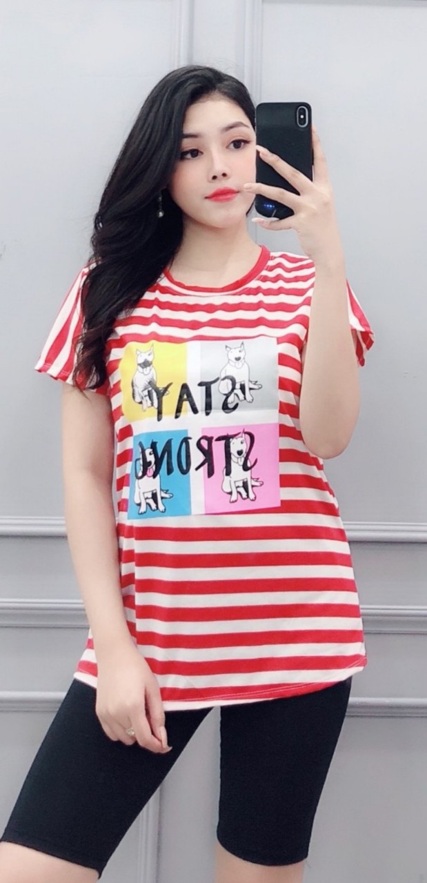 Đồ bộ mặc nhà nữ áo sọc ngang hình cún con dễ thương