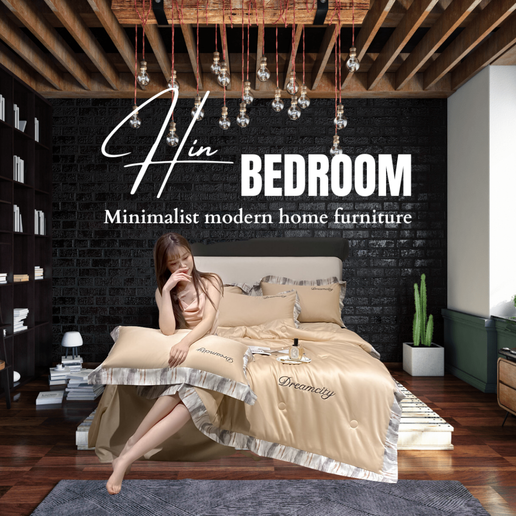 Bộ Chăn Ga Gối Đệm 5 Món Chăn Phao Lụa Thái Hin Home Bedding Mẫu Vàng