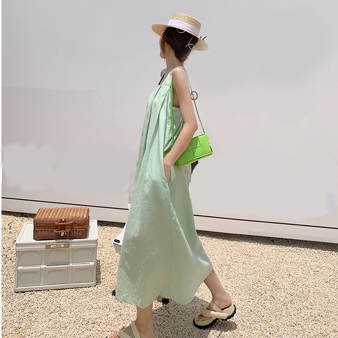 Váy maxi đi biển hai dây bản to màu xanh, đầm dây hở lưng cổ vuông chất thô from rộng dáng dài