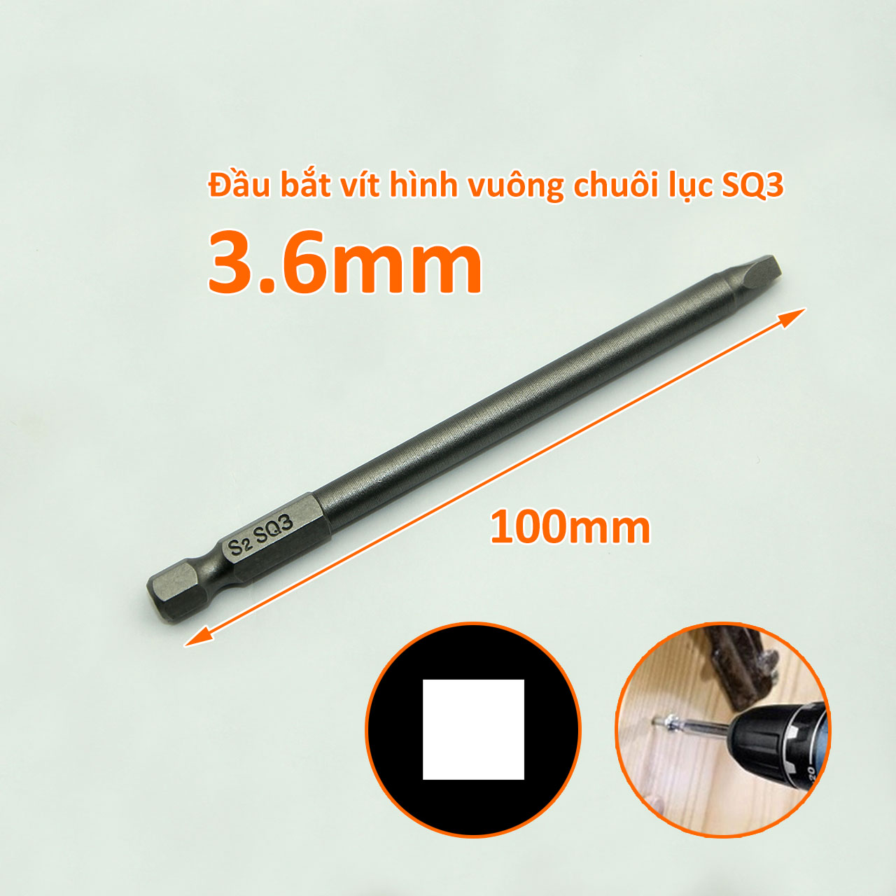 Đầu bắt vít hình vuông SQ3 dài 100mm chuôi lục thép S2