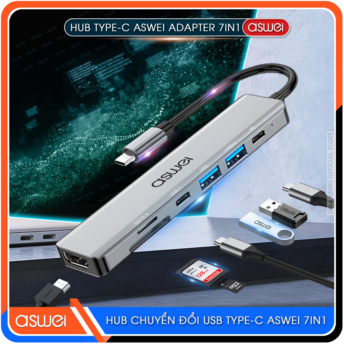 Hub Chuyển Đổi USB Type C ASWEI 7 in 1 - HDMI, USB 3.0, SD, TF, USB C, PD 100W Tốc Độ Cao - Hàng Chính Hãng