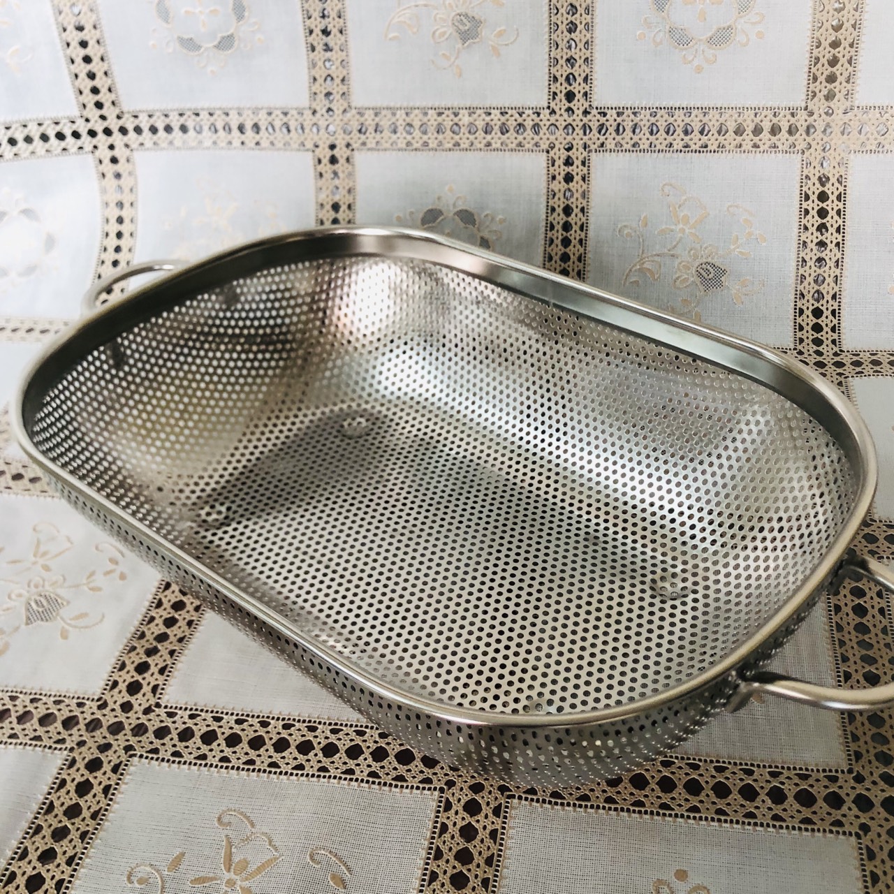 Rổ nhà bếp Inox 304 STAAMI Hàn Quốc oval chữ nhật 2 tay quai có đai cỡ lớn 33,5x23x8cm không hoen gỉ