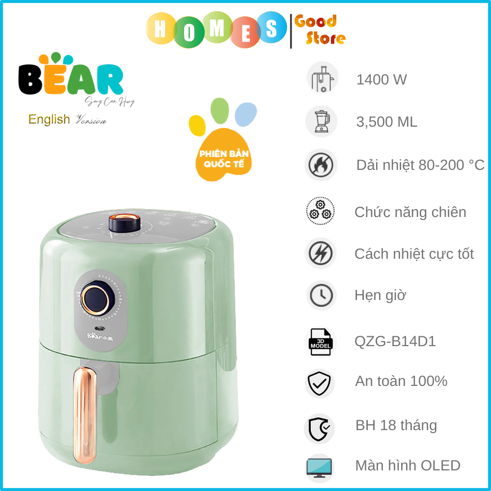 Nồi Chiên Không Dầu BEAR QZG-B14D1 Cách Nhiệt Giảm Độ Ồn, Nhiệt Độ Từ 80-200 Độ C Dung Tích 3.5 Lít Công Suất 1400 W - Hàng Chính Hãng