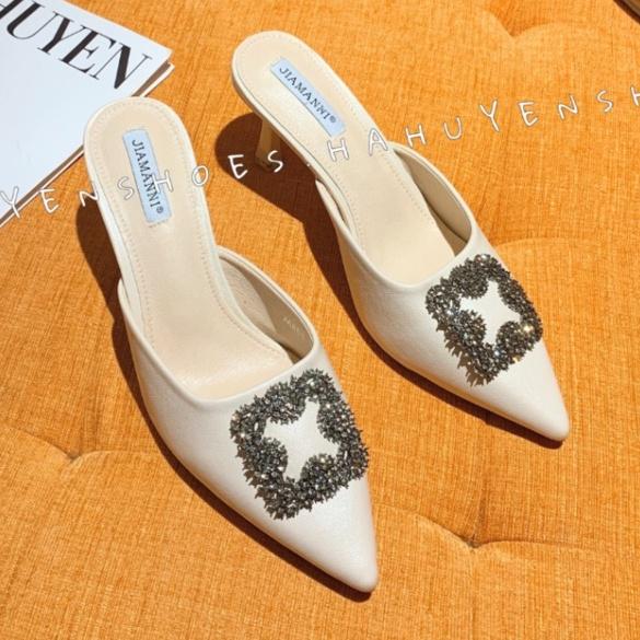 Sục nữ cao gót Hà Huyền Shoes da mũi nhọn đính đá xám gót nhọn 7 phân cao cấp - SU144