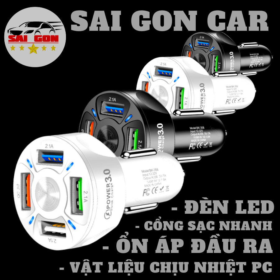 Tẩu sạc nhanh ô tô chia 4 cổng sạc, có tích hợp đèn led, hỗ trợ sạc nhanh QC 3.0, điện áp đầu vào 12V đến 32V