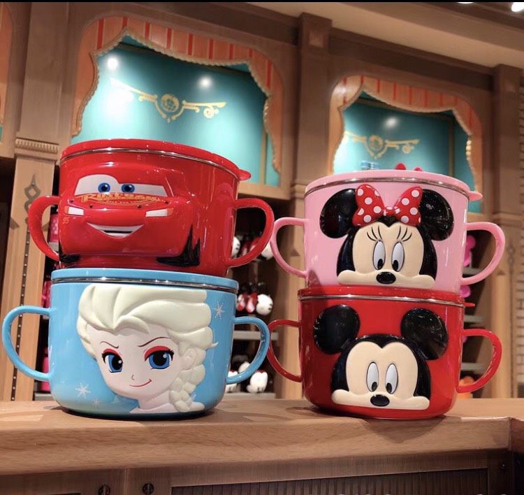 Tô inox giữ nhiệt quai cầm hình Elsa - Cars - Minnie cho trẻ em ăn uống