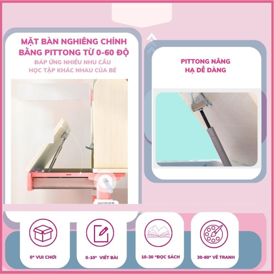 Bàn S01 học sinh chống cận chống gù bàn học thông minh cho bé chỉnh được độ cao có giá đỡ sách và ngăn kéo